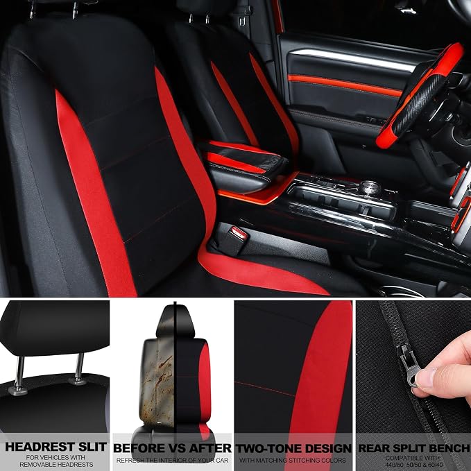 Estune 41 Pcs Black Red Car Accessories Set Automotive Seat Covers Steering Wheel Cover Seat Belt Pad Shift Sleeve Start Button Rings Armrest Cup Holders Vent Outlet Trim Scraper for Auto Interior