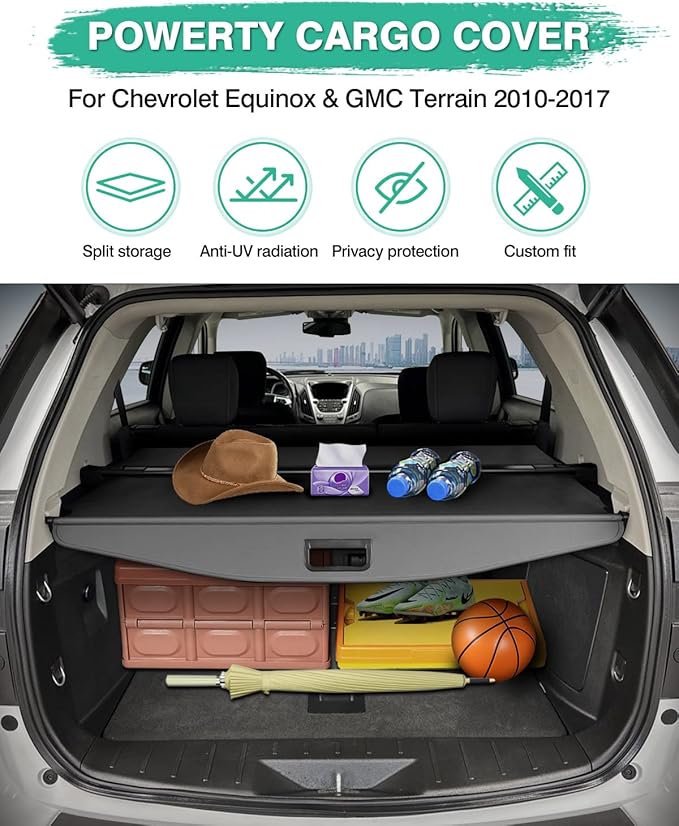 Powerty Cargo Cover for Chevy Chevrolet Equinox & GMC Terrain 2010-2016 2017-Canvas Texture Trunk Cover Retractable Trunk Security Shield Shade for Chevrolet Equinox/GMC Terrain Accessories