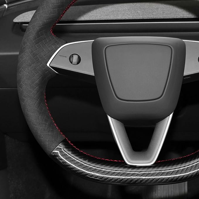 MEWANT DY Black Glossy PU Carbon Fiber Embossed Suede Steering Wheel Cover for Tesla Model3 Highland Model Y Juniper