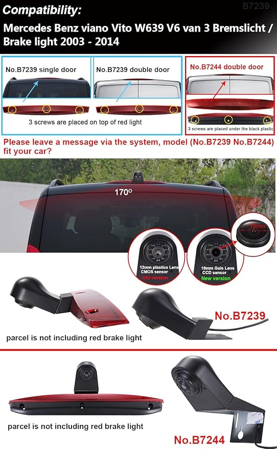 HD 1280x720 Pixels 1000TV Lines 3rd Brake Light Reverse Camera Brake lamp Parking Camera for Mercedes Benz Viano Vito W639 Van 3 VW Crafter ab 2017 Transporter Van+4.3" car Reverse Screen