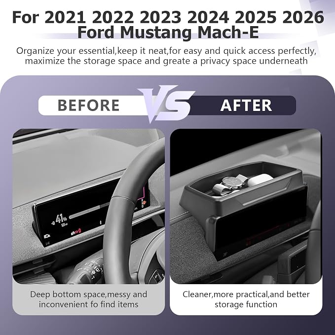 LUWU 2026 Mustang Mach E Dashboard Storage Tray Compatible with Ford Mustang Mach E 2021-2026 Accessories Center Console Display Box Hidden Organizer Tray Behind Screen (Only Fit for 10.2-inch Screen)