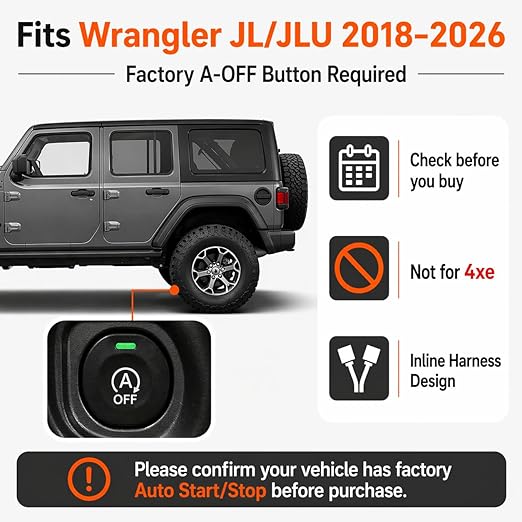 Auto Start Stop Eliminator for Jeep Wrangler JL JLU 2018-2026, Plug & Play Inline Harness, Auto Start/Stop Off by Default, No Programming, Not for 4xe