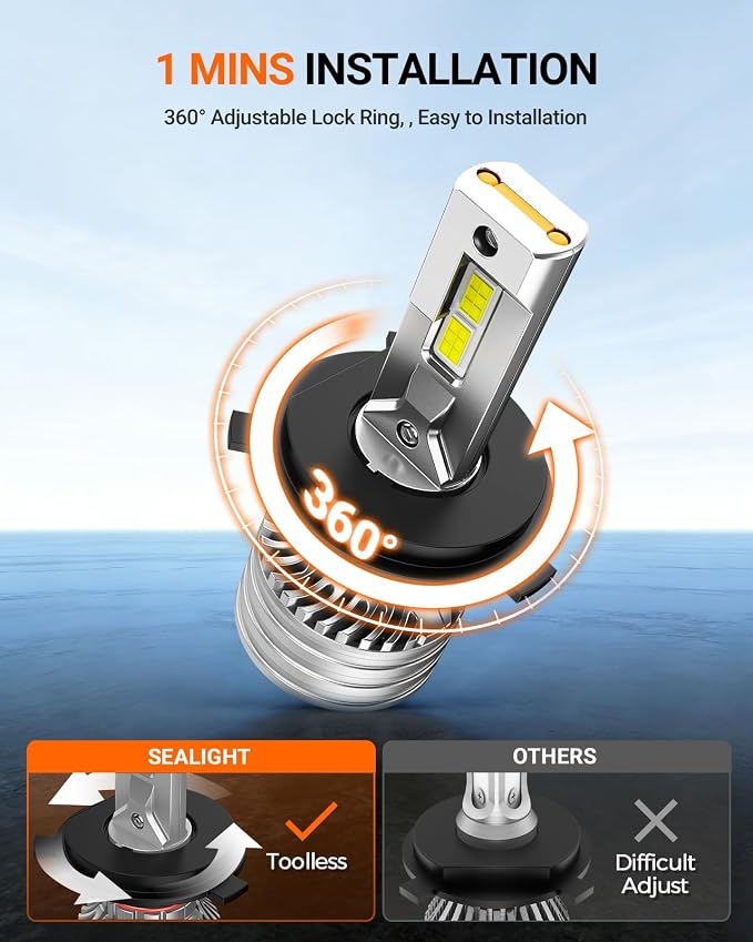 SEALIGHT H4 Bulbs, 90,000LM 1400% Brightness, 9003 HB2 H4 6500K Cool White LED Bulbs, IP68 Waterproof 70000Hrs Lifespan, 5X Heat Dissipation driving LED Bulbs, Plug and Play, 2 Pack