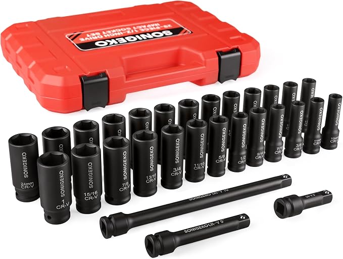 29-Piece 1/2" Drive Impact Socket Set, 6-Point Deep Standard SAE & Metric (3/8"-1", 10mm-24mm),CR-V Steel Sockets with 3", 5", 10" Extension Bars and Storage Case