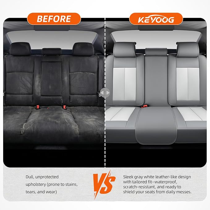 5-Seater Car Seat Covers Full Set Waterproof and Breathable Nappa Leather, Fit for Front and Rear Seats of Cars, Compatible with Airbags, Car Seat Protector Covers for Most Cars - Light Gray