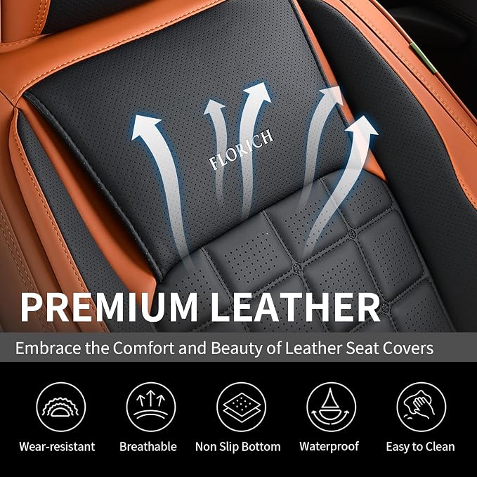 FLORICH Leather Seat Cover, Car Seat Covers Full Set, Waterproof Car Seat Protectors 5 Seats, Front and Rear Seat Covers for Cars, Breathable Automotive Seat Covers Protector Fit for Most Cars Trucks