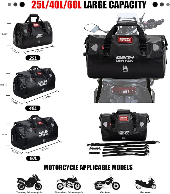 Waterproof Duffel& Luggage Bag - Motorcycle Dry Bag Tail Saddle Bags with Roll Top Closure,Large Storage Space,for Camping, Kayaking, Fishing & Traveling(Orange, 25L)