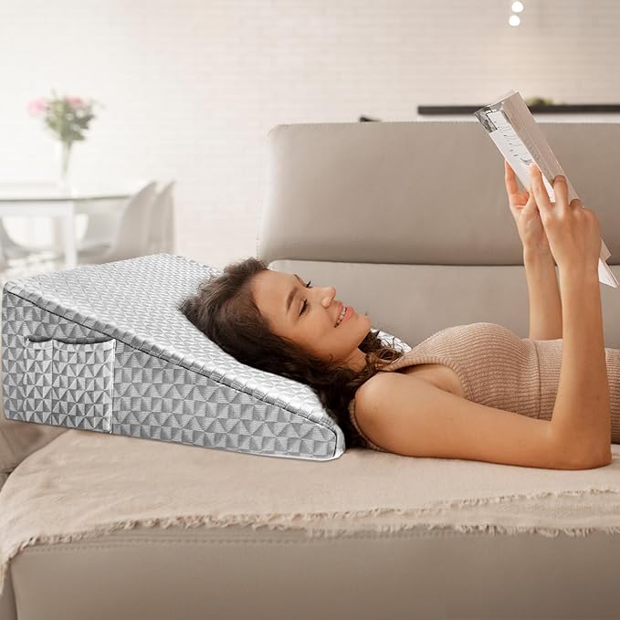 12" Wedge Pillow for Sleeping, Bed Wedge After Surgery, Back Pain Relief, Memory Foam Pillow Triangle Incline Wedge for Back Support, Leg Elevation (Light Grey)