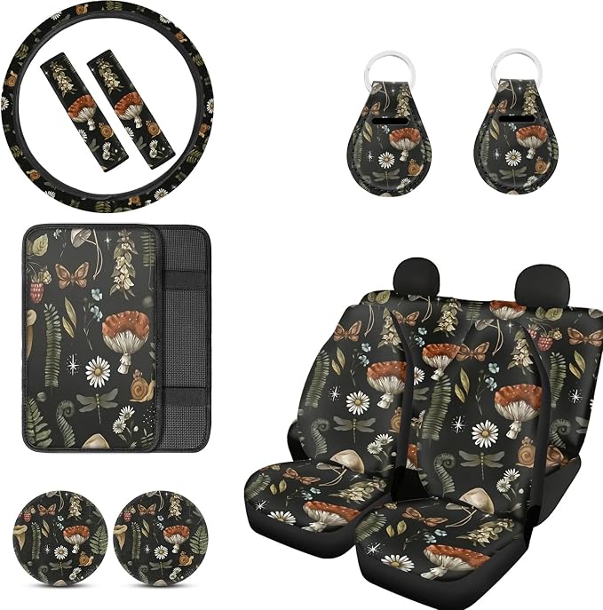 Mushroom Car Seat Covers Full Set of 12 Pcs,Retro Mushroom Auto Steering Wheel Cover/Seatbelt Pad/Armrest Cushion/Coaster/Keychain Universal Auto Interior Protector Accessory
