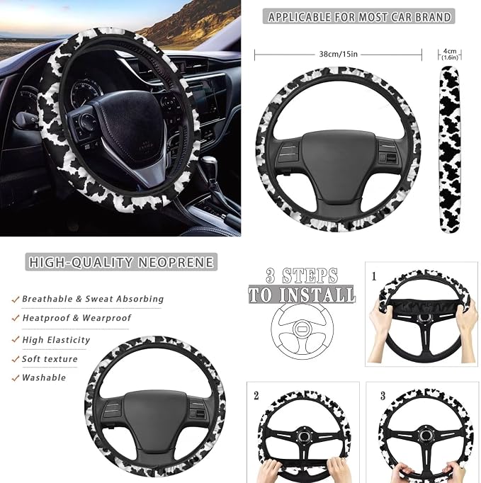 8 Pcs Cow Print Car Interior Accessories Set for Women, Car Seat Covers with Steering Wheel Cover Shoulder Pads Auto Center Console Pad, Automotive Decorations