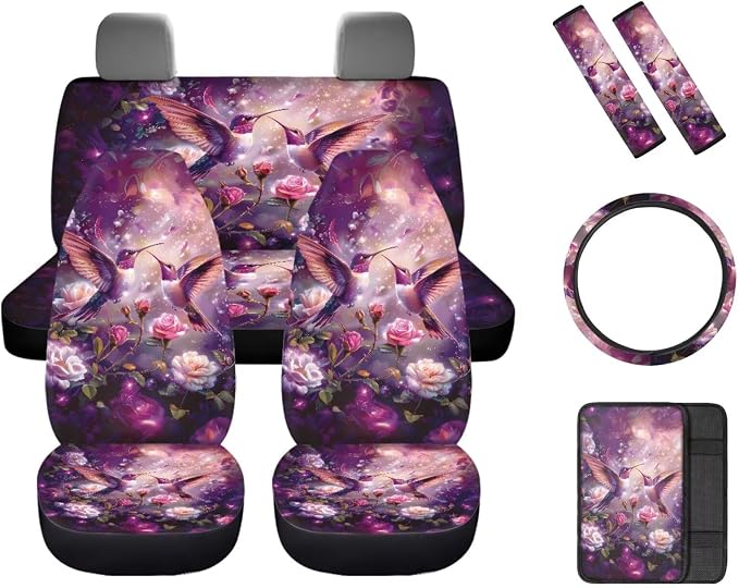 8 Pcs Hummingbird Rose Print Car Interior Accessories for Women, Car Seat Covers with Auto Steering Wheel Cover, Auto Center Console Pad, Seat Belt Covers, Automotive Decorations