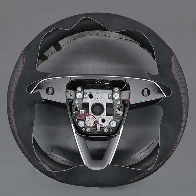 MEWANT Hand Stitch Black Athsuede Faux Leather Steering Wheel Cover for Tesla Model 3 Highland 2024 Model Juniper 2024