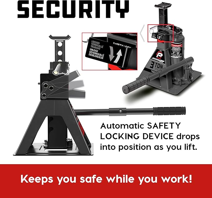 POWERBUILT 3 Ton All-in-One Hydraulic Bottle Jack and Jackstand in One, Compact, Wide Base, 11-21 Inch Range, Eliminates Jackstands, for Trucks, SUVs, RVs, Trailers, ASME, Not for Sedans - 640912