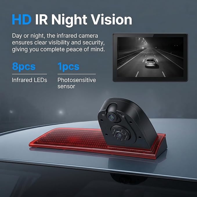Dual Camera Third Brake Light Backup Camera for Ford Transit 2012-2015 with 10M Cable, CVBS NTSC/AHD PAL Switchable, 140° Wide Angle, IP67 Waterproof, Night Vision, Vehicle-Specific Reverse Camera