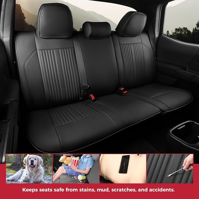 FREESOO Custom Fit for Toyota Tacoma Seat Covers, Front & Rear Fit 2005-2015 Full Coverage Waterproof Leather Truck Automotive Seat Covers, Tacoma Seat Covers Pickup Seat Protector (5 Seats, Black)