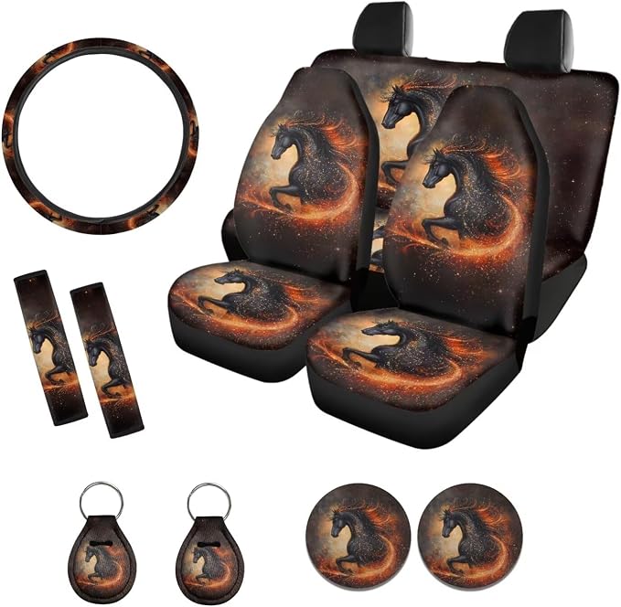 Xoenoiee Horse and Galaxy Print 11 Pcs Car Accessories with Front & Rear Auto Seats Covers, Steering Wheel Cover, Seat Belt Pads, Cup Coaster, 2 Pcs Keyrings - Universal Fit