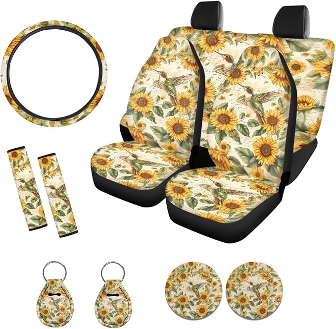 Xoenoiee Hummingbird and Sunflower Design Car Seat Cover Front & Rear Seat Cover with Steering Wheel Cover + Seat Belt Cover+ Cup Coasters+ Key Chains Universal Fit for Van Truck SUV