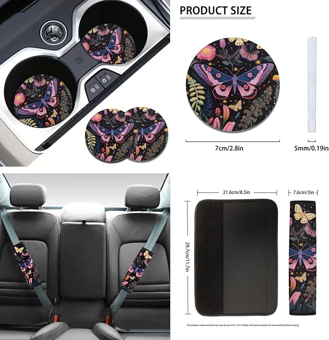 Cottagecore Butterfly Car Seat Cover for Front & Rear Bench,12 Pack Hippie Flower Butterflies Auto Steering Wheel Cover Non Slip Cup Coaster Keychain Lip Holder Sleeve Safety Seatbelt Pads Set