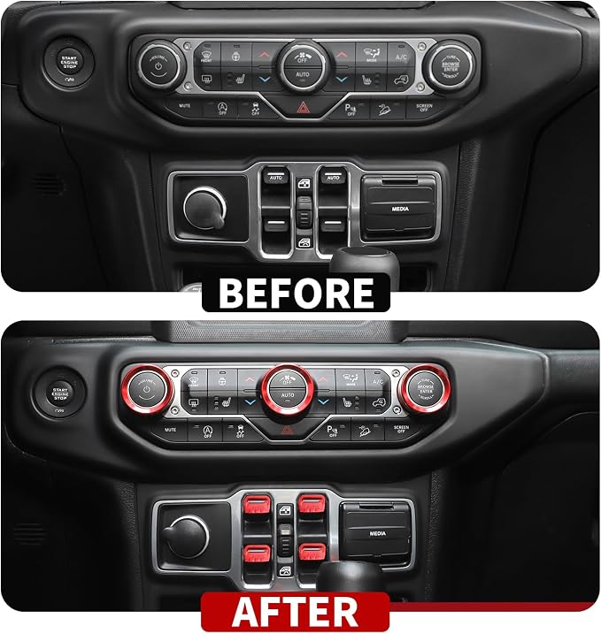 JeCar JL Switch Button Covers Window Control Air Conditioner Headlight Volume Radio Knob Trims Interior Accessories Compatible with Jeep Wrangler JL JLU 2018-2026 & Gladiator JT 2020-2026, Red