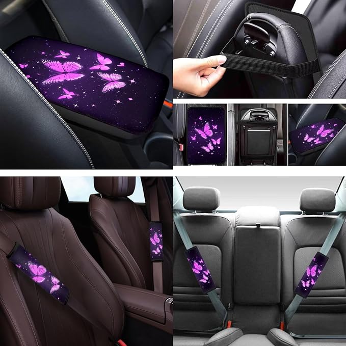 Purple Butterfly 12 Pack Car Seat Covers Full Set with Car Steering Wheel Cover Arm Rest Cover Auto Seat Belt Cover Cup Coasters and Keychain Holder Universal Fit Most Cars SUV