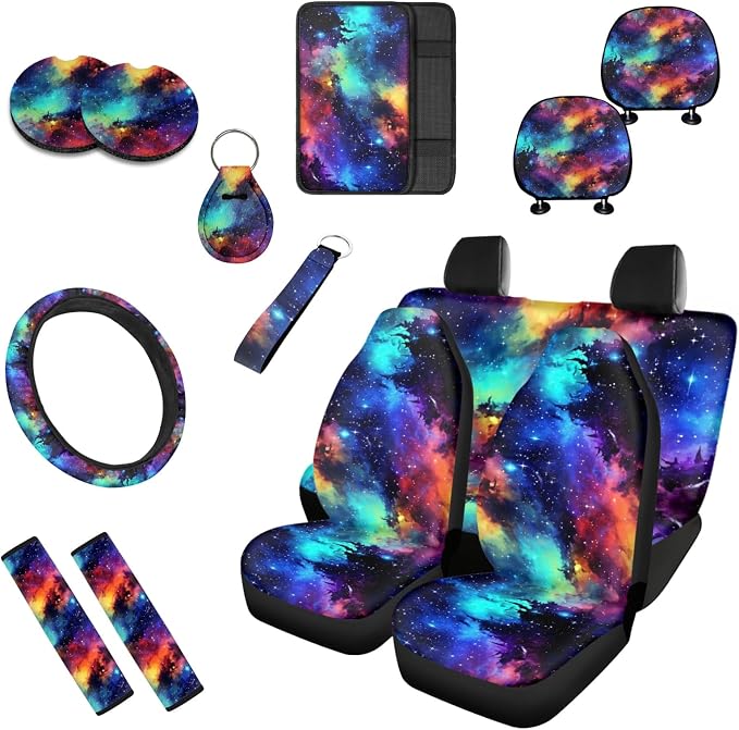 Starry Sky Rainbow Print 13 Piece Car Seat Covers for Women Universe Outer Space Pattern Steering Wheel Cover Cup Coasters Seat Belt Pads Cover