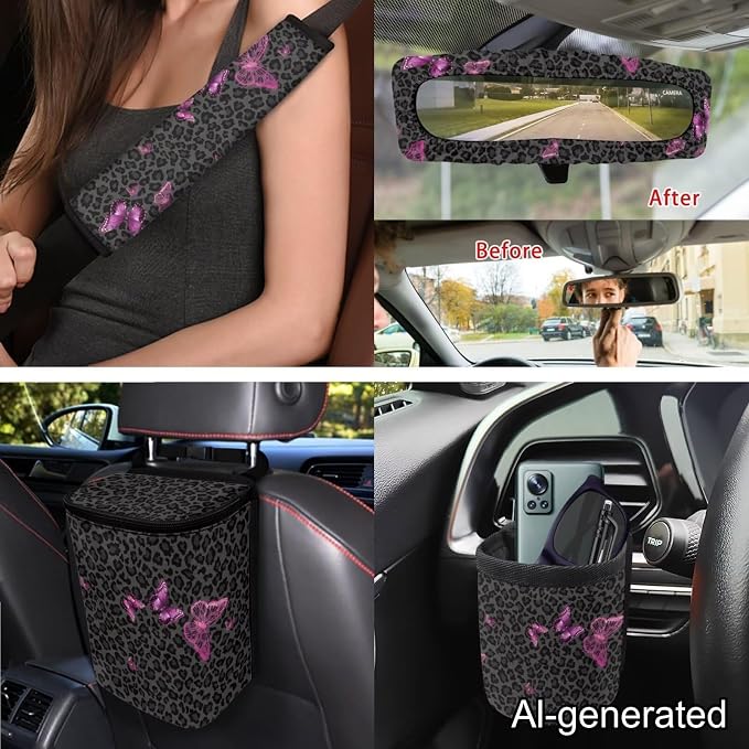 Dreaweet Black Leopard Print Car Seat Covers Full Set Purple Butterfly Car Accessories Steering Wheel Cover Seatbelt Covers Trash Bin Rear View Mirror Cover Cup Holders Keychain Air Vent Storage Pouch