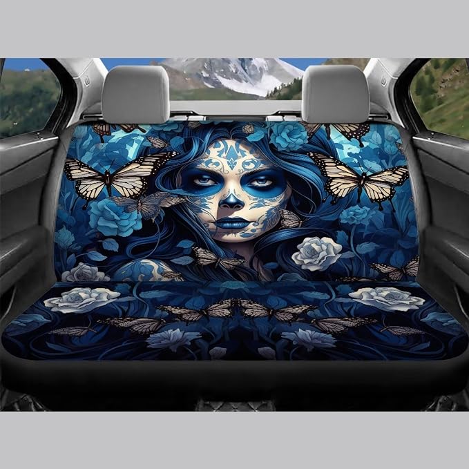 13 Pcs Sugar Skull Girl Car Seat Covers with Steering Wheel Cover, Seat Belt Covers Cup Holder Keychain, Blue Automotive Protector Set Unverisal Fit Cars SUV Turcks