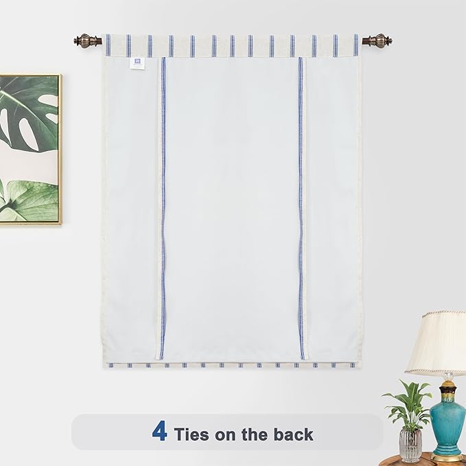 DriftAway Farmhouse Double Layer Linen Blackout Tie Up Curtains Thermal Insulated Vertical Striped Fully Lined Balloon Roman Shade Bathroom Window Adjustable Rod Pocket 31 Inch by 47 Inch Navy