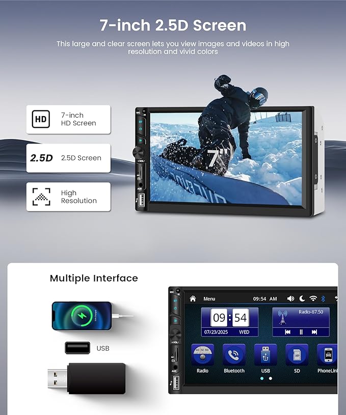 7 Inch Double Din Car Radio, Wireless/Wired CarPlay Android Auto, HD IPS 1024x600 Touchscreen, Bluetooth SWC, AHD Backup Camera, FM EQ AUX USB