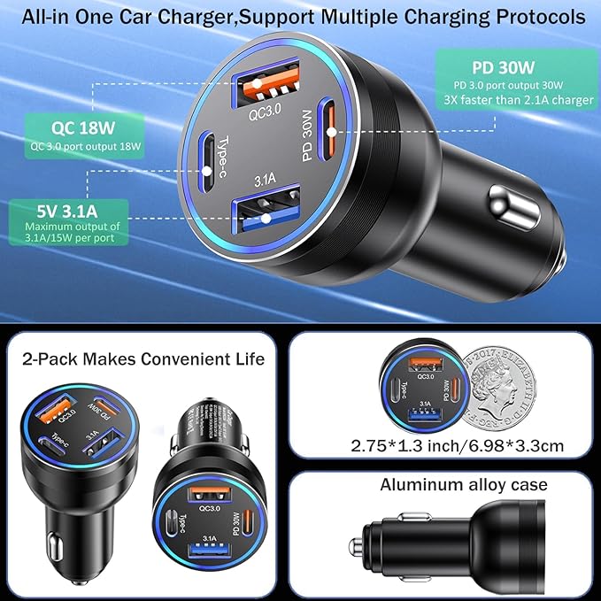 Car Charger USB C, 2Pack 4-Port 65W Cigarette Lighter USB Charger Fast Charging,Dual USB-C & USB-A Car Phone Charger Adapter Accessories for iPhone 17 16 15 14 13 Pro Max,iPad,Samsung,Tablet,Android