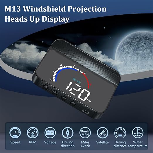Liiiyuan M13PLUS Heads Up Display for Cars, OBD2+GPS Car GPS Speedometer Display Speed,Time,Mileage,Single Trip,Time, Water Temperature and Multiple Alarm Functions Suitable for All Cars