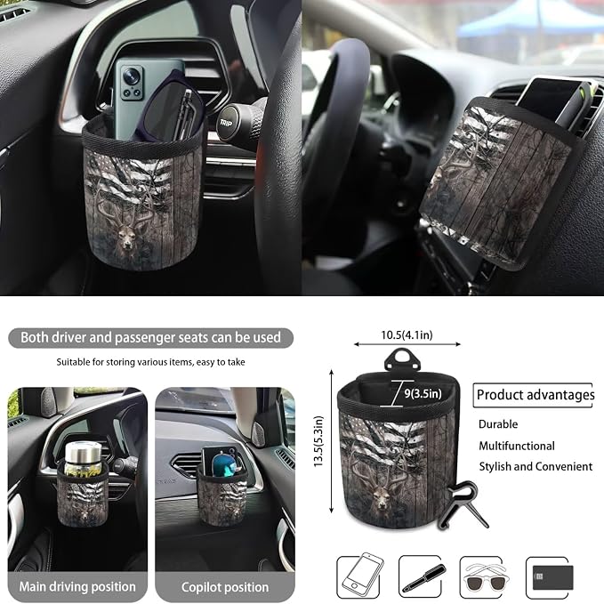 Deer Wood American Flag Pattern 10 Pcs Auto Accessories, Car Front and Rear Seat Covers Full Set Steering Wheel Cover Air Vent Pounch Box Car Rubbish Bin Cup Coasters Keychain for Women Men