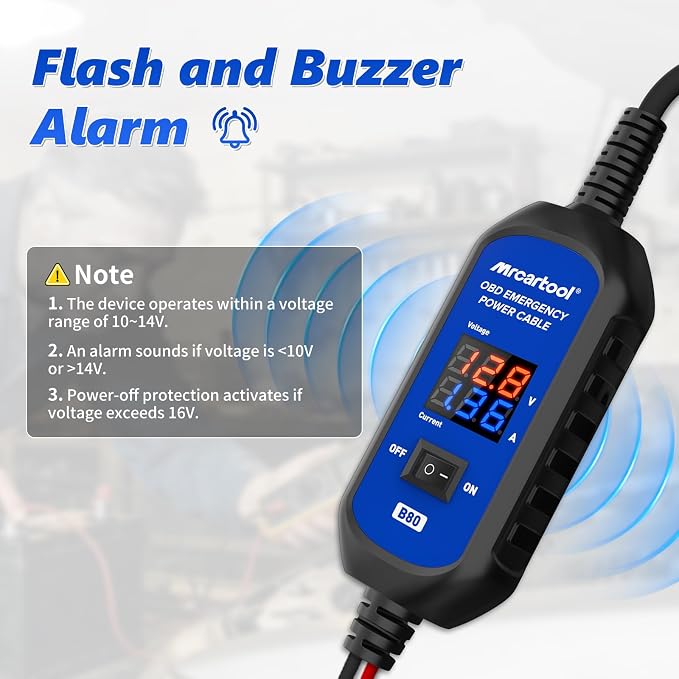 OBD II Car Memory Saver Cable 12V Vehicle ECU Emergency Power Supply Cablewith Voltage and Current Display OBD II Battery Leakage Detective Kit with 3A Fuse & 2 Alligator Clips