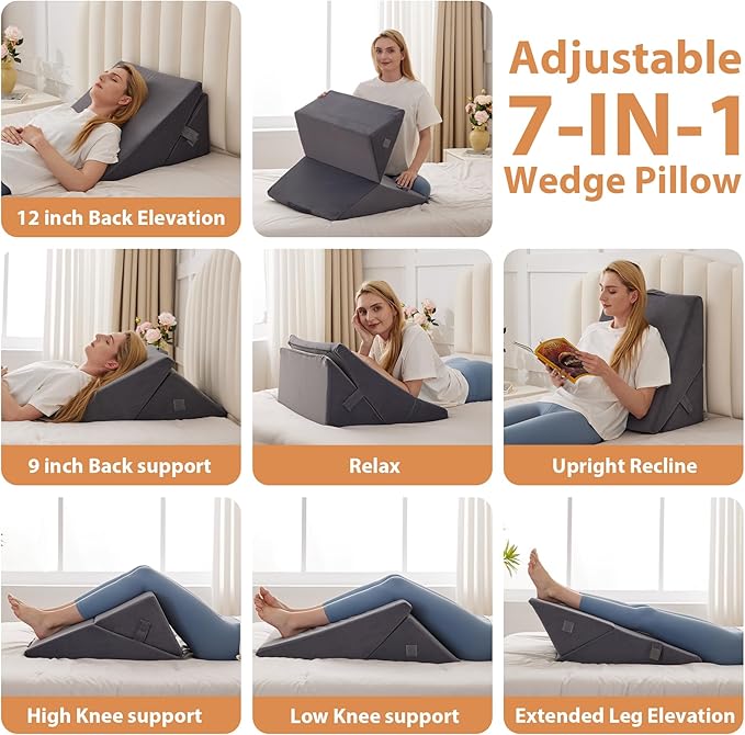 BIEEZZK Wedge Pillow, Adjustable Back Pillow for Sleeping, 9&12“ Bed Wedge Pillow Set for After Surgery, Triangle Memory Foam Pillow Wedges for Headboard, Acid Reflux, Snoring, GERD, Grey