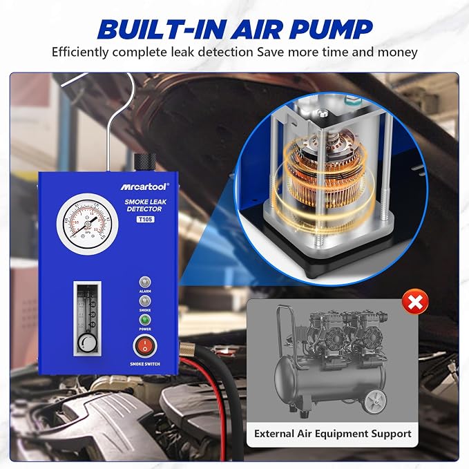T105 Automotive Smoke Machine Leak Detector, Smoke Tester with Built-in Air Pump and Pressure Gauge, Vacuum Diagnostic Detector Tools Kit for 12V DC Cars