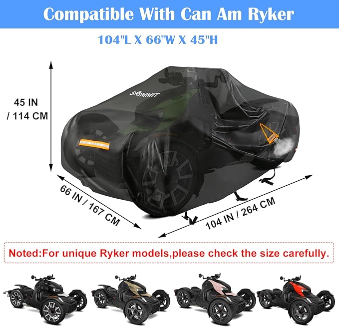 Heavy Duty 420D 3-Wheel Motorcycle Full Cover Waterproof, fits 3‑Wheel Motorcycle Models, Suit for Can‑am Ryker 600/900/Sport/Rally Edition,Upgraded Rain Snow Protection Cover with Waterproof Strips