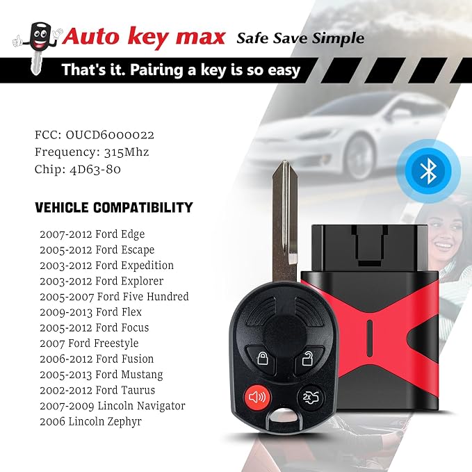 Programmable Keyfob, Replacement Car Keys and Fob Programmer Kit for 2005-2012 Ford Focus Mustang Fusion Edge Escape Exolorer Remote OUC6000022