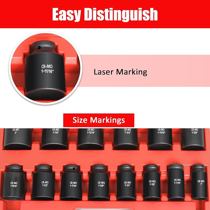 TONYNOL 3/4 Inch Drive Deep Impact Socket Set,6-Point,SAE Sizes(1“-2”),14 PCS,Cr-Mo Steel,Heavy Duty Impact Sockets for Automotive & Industrial Machinery,With a Storage Case