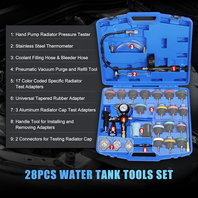 JIFETOR Radiator Coolant Pressure Tester Vacuum Refill Tool Kit, 28PCS Automotive Cooling System Leak Test and Pneumatic Purge Fill Set with Testing Adapter Caps Universal for Airlift Car Auto Truck
