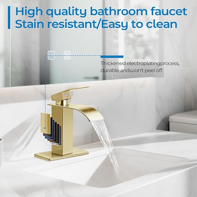 Brushed Gold Bathroom Faucets *2, Waterfall Bathroom Sink Faucet Modern Single Handle Bathroom Faucte 1 or 3 Hole, RV Mixer Tap Vanity Faucet - Includes Pop-up Drain