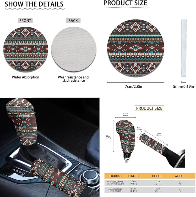 Dreaweet Tribal Navajo Print Car Seat Covers Full Set Southwestern Car Accessories 12 Piece with Steering Wheel Cover Armrest Covers Seat Belt Pads Cup Holders Gear Shift Handbrake Cover,Universal Fit