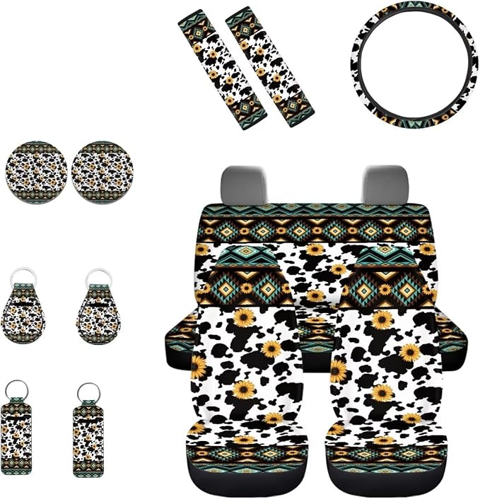 INSTANTARTS Sunflower Cow Print Car Front Back Seat Covers Southwest Africa Aztec 13-Piece Auto Protector Keychain,Lipgloss Sleeve,Cup Holders,Seat Belt Pads,Steering Wheel Covers