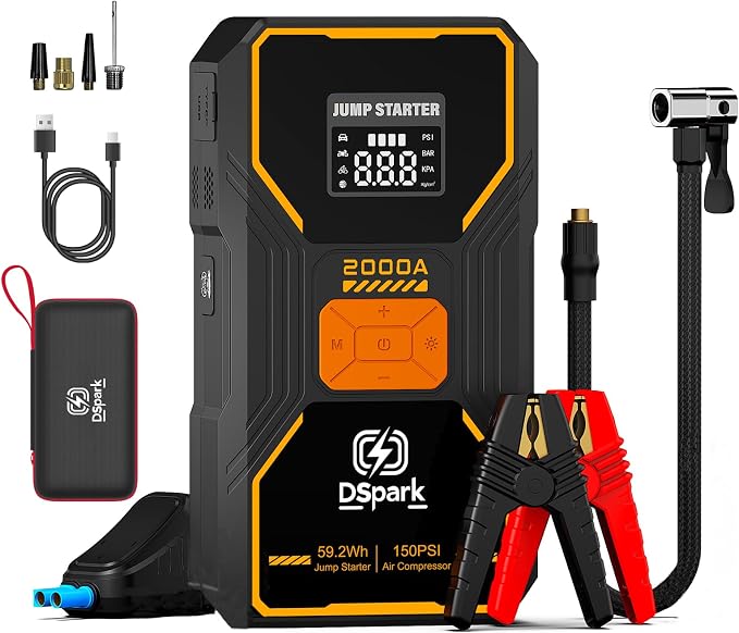 Jump Starter with Air Compressor, Portable 2000A Car Battery Jump Box for 7.0 Gas/6.5L Diesel Vehicles, 150 PSI Tire Inflator Auto-Shut Off, Reverse Polarity Protection,3-Mode Emergency Light