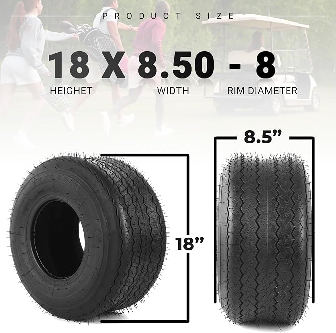(2-Pack) 18x8.50-8 Tires - 4ply Durable Tubeless Tires for Golf Carts, Traction, Turf Saver Tread, and Fit as Replacement Outdoor Power Equipment Mower Tires
