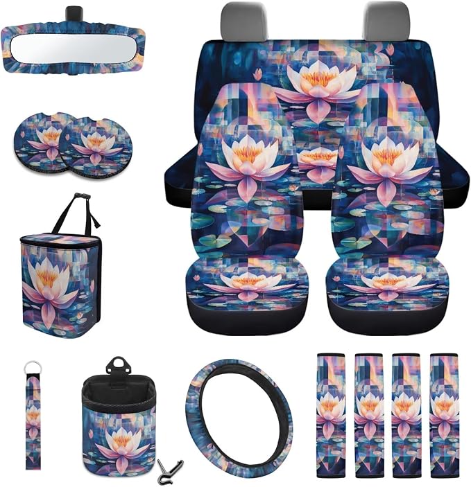 Lotus Digital Painting Pattern Auto Accessories Set of 15, Car Seat Cover Steering Wheel Cover Seat Belt Cover Air Vent Storage Bag Keychain Trash Bin and Mirror Cover