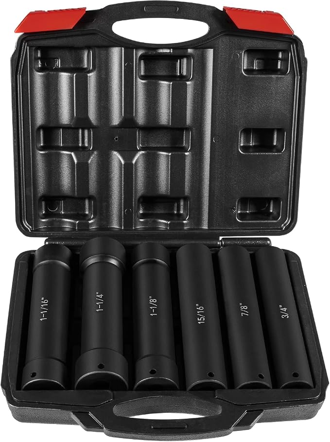 1/2 Inch Drive Extended Length Impact Socket Set 6 Sizes - Hex Sizes 3/4", 7/8", 15/16", 1-1/16”, 1-1/8", 1-1/4"Extra-Deep Length Extra-Deep Impact Set Heavy Duty with Case