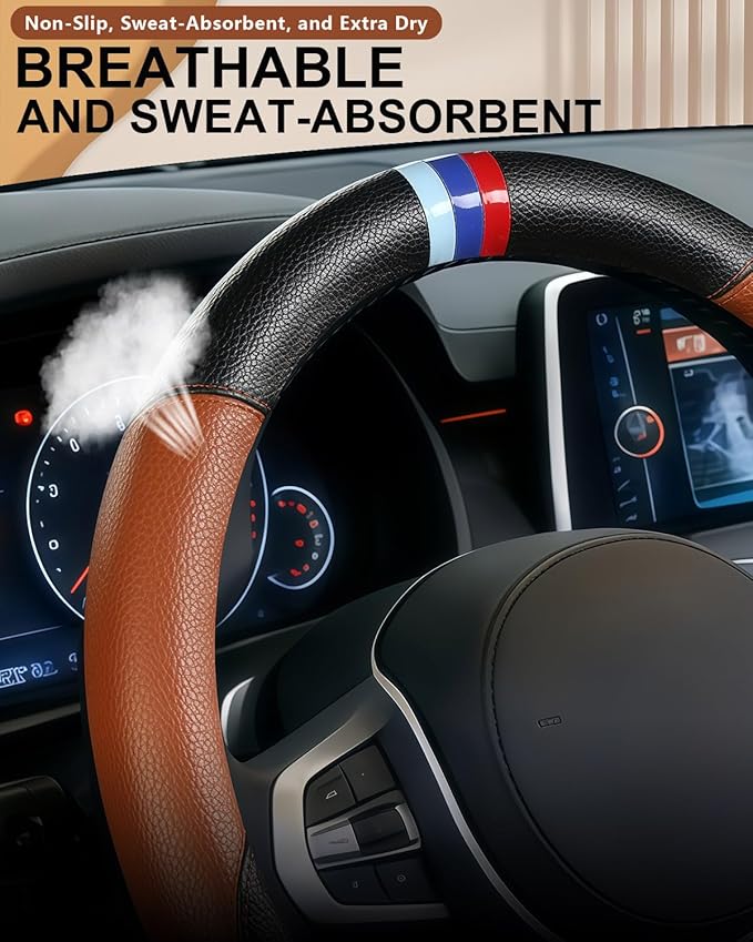 Steering Wheel Cover for BMW Leather Car Steering Wheel Covers Universal for Car SUV Truck with Anti-Slip Lining 14.5-15inch (Brown)