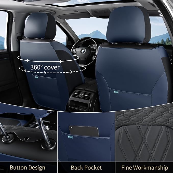 FLORICH Leather Front Car Seat Covers Waterproof Durable Front Seat Protector for Cars Luxury Breathable Vehicle Seat Cover Interior Decoration Universal Fit for Most Car Truck SUV, Blue&Black