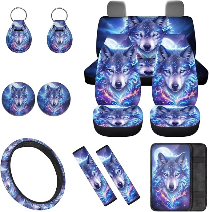Wolf Car Seat Covers Full Set 12 Pack with Steering Wheel Cover Center Console Cover Keychain Holder and Car Seat Belt Cover Universal Fit Most Vehicles Cars SUV