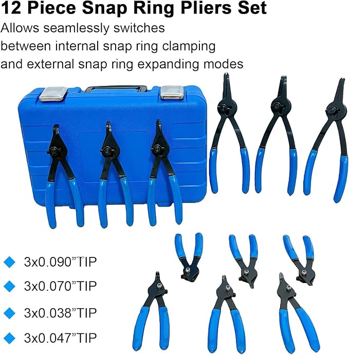 12Pcs Snap Ring Pliers Set, Internal & External Circlip Pliers Kit | Heavy Duty Fixed Straight/45°/90° Jaw Tips, Retaining Snap Ring Pliers Set for 0.038" 0.047" 0.070" 0.090"
